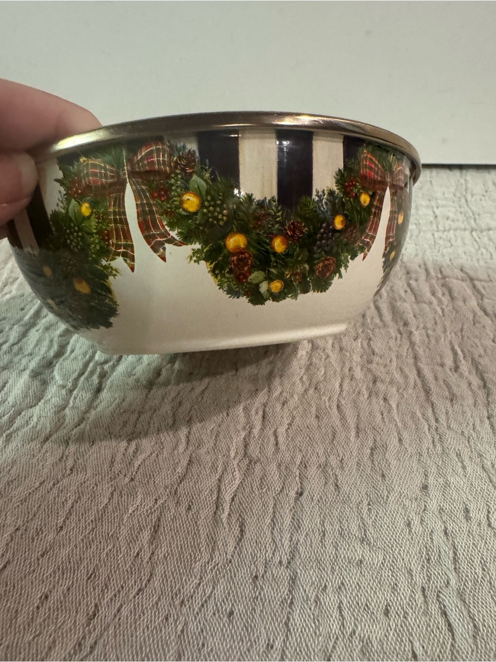 Vintage Retired Rare MacKenzie-Childs Evergreen Bow Enamel 6 inch Cereal Bowl